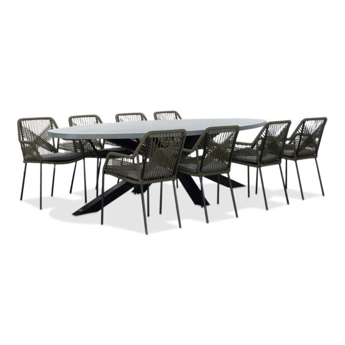 BUITEN living Stockholm/Seville olijfgroen dining tuinset | 8 personen | betonlook + touw | 280cm ovaal – Grijs