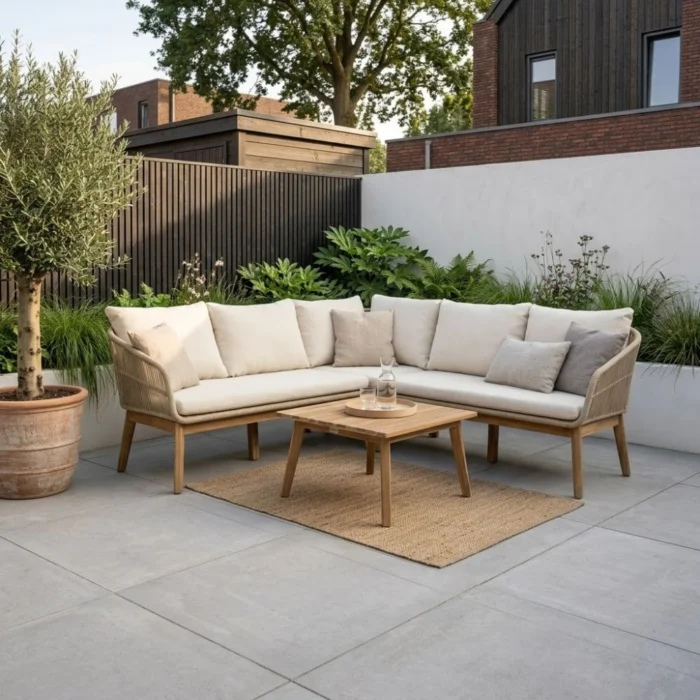 BUITEN living Bella hoek loungeset 5 personen | touw + hardhout | zand | 4-delig | 4-delig 219x219cm