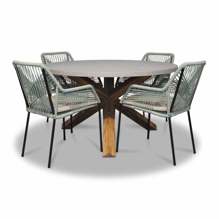 BUITEN living Nancy/Seville mint dining tuinset | 4 personen | betonlook + touw | 135cm rond – Betonlook, Mint