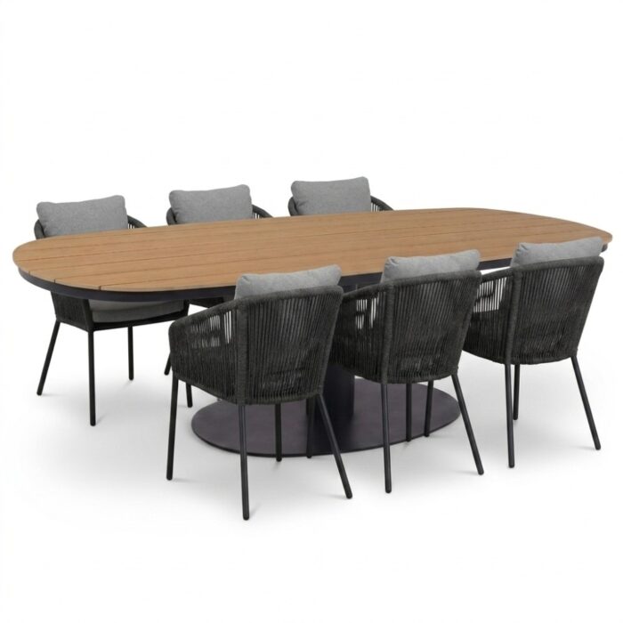 LUX outdoor living Panama antraciet/Lexis Stone Grey dining tuinset | 6 personen | polywood + touw | 260cm