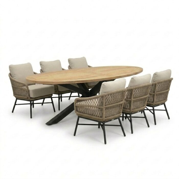 LUX outdoor living Cleve antraciet/Ventura Sahara Dust low dining tuinset | 6 personen | sintered stone + touw | 240cm