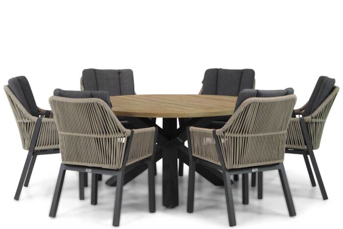 Lifestyle Garden Furniture Verona/Rockville 160 cm rond dining tuinset 7-delig – Taupe-naturel-bruin