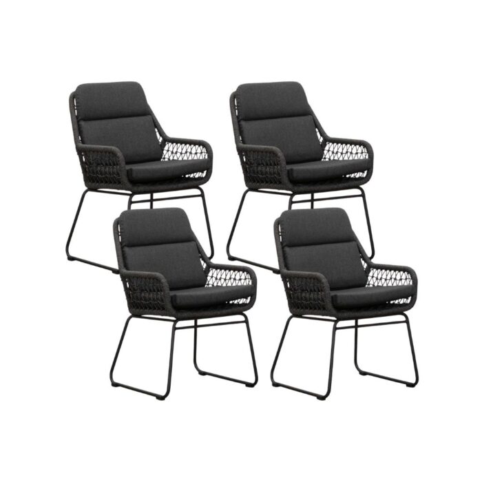 BUITEN living Valencia dining tuinstoel set van 4 | touw + aluminium | Lava Grey – Antraciet