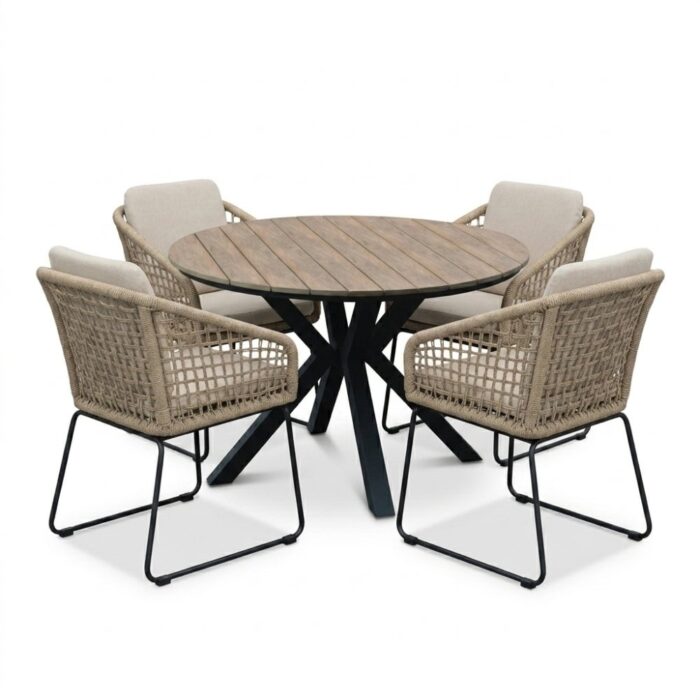 LUX outdoor living Cervo bruin/Tulum Sahara Dust dining tuinset | 4 personen | polywood + touw | 120cm rond – Naturel