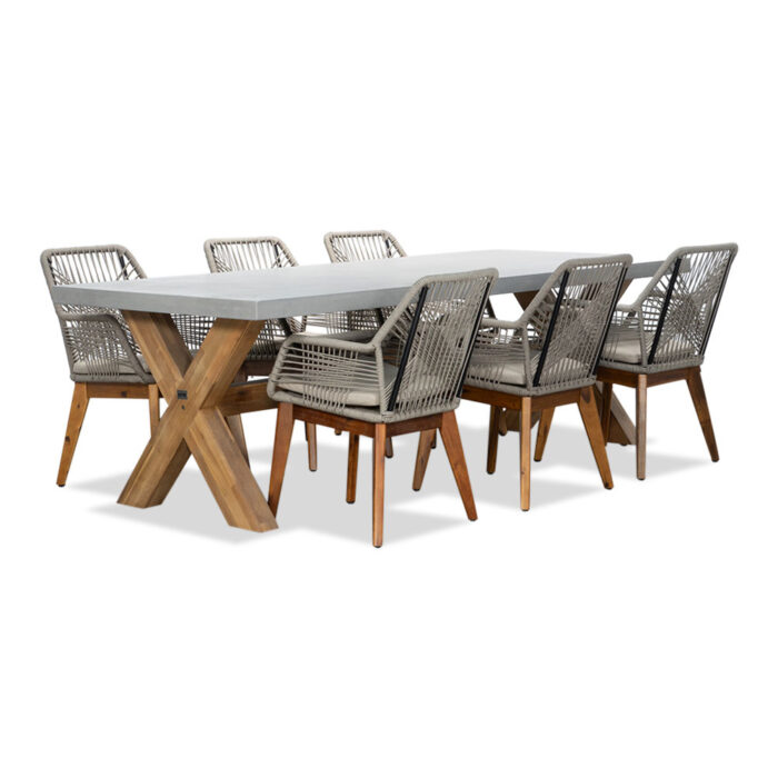 BUITEN living Norwich/Seville zand hout dining tuinset | 6 personen | betonlook + touw | 250cm – Taupe – Naturel – Bruin, Betonlook