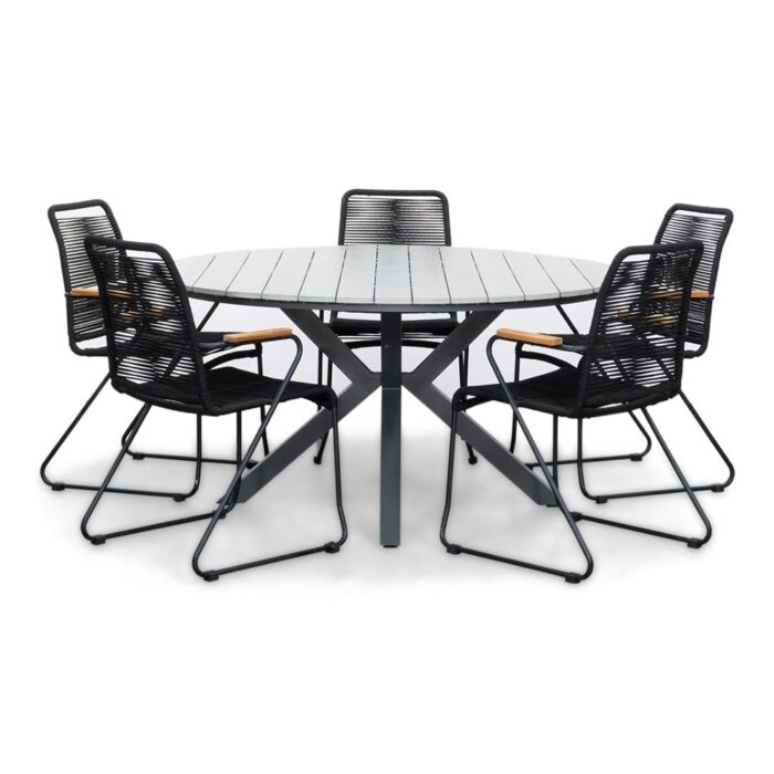 LUX outdoor living Cervo Grey/Gladys zwart dining tuinset | 5 personen | polywood + touw | 144cm rond – Zwart, Grijs