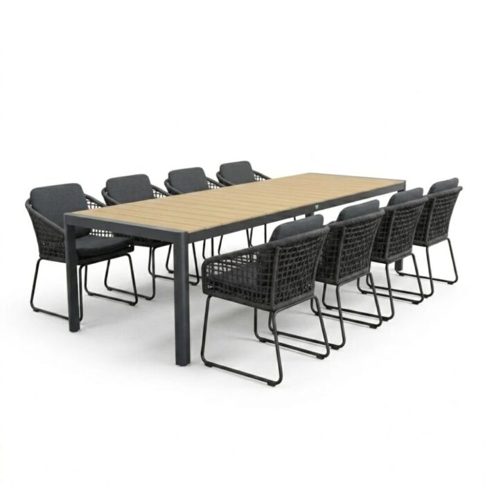 LUX outdoor living Liverpool/Tulum Lava Grey dining tuinset | 8 personen | polywood + touw | 258cm – Grijs