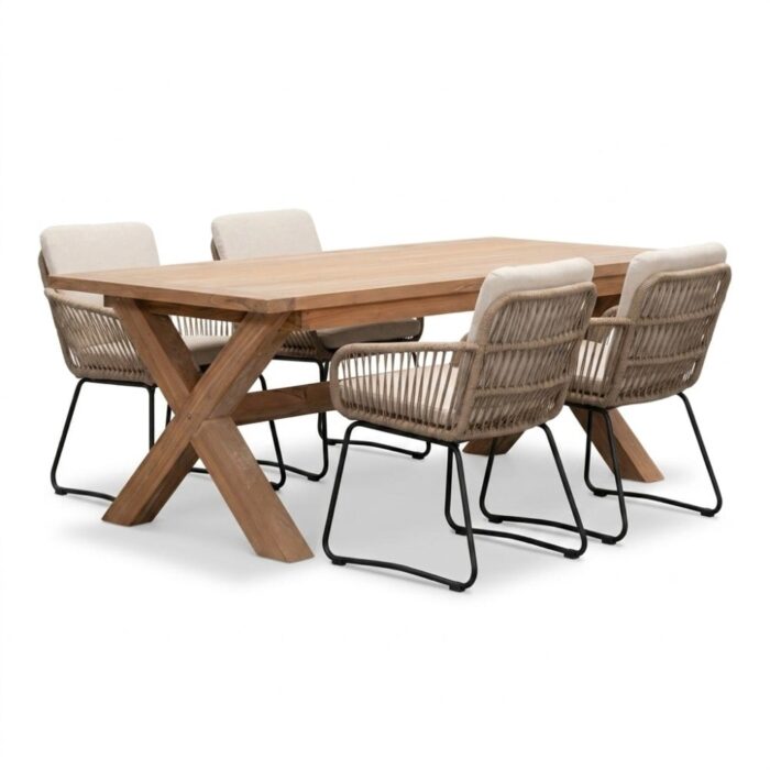 BUITEN living Riga/Harper Sahara Dust dining tuinset | 4 personen | teakhout + touw | 200cm – Natural Teak