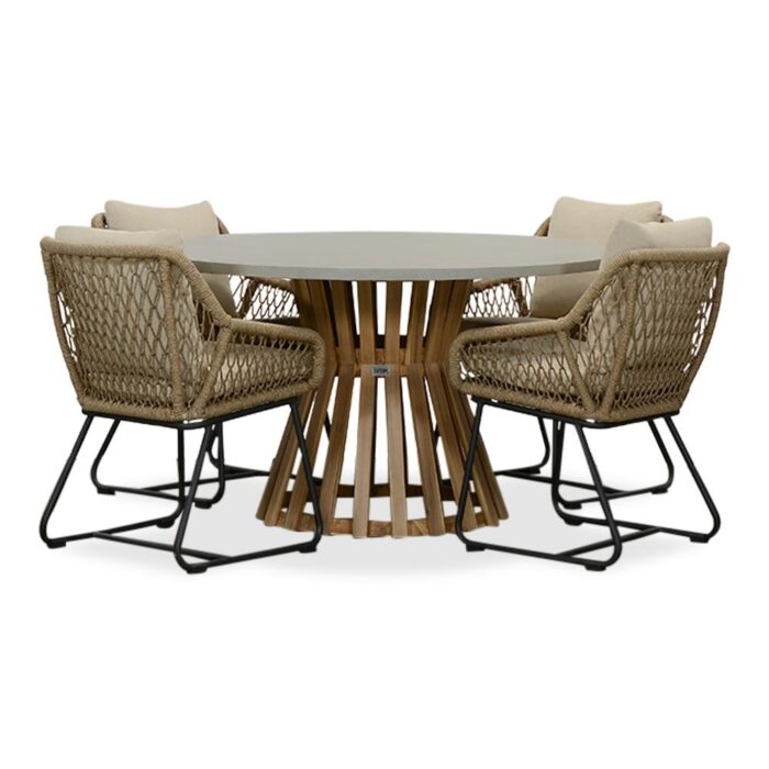 BUITEN living Elzas/Portofino Sahara Dust dining tuinset | 4 personen | betonlook + touw | 135cm rond – Zand