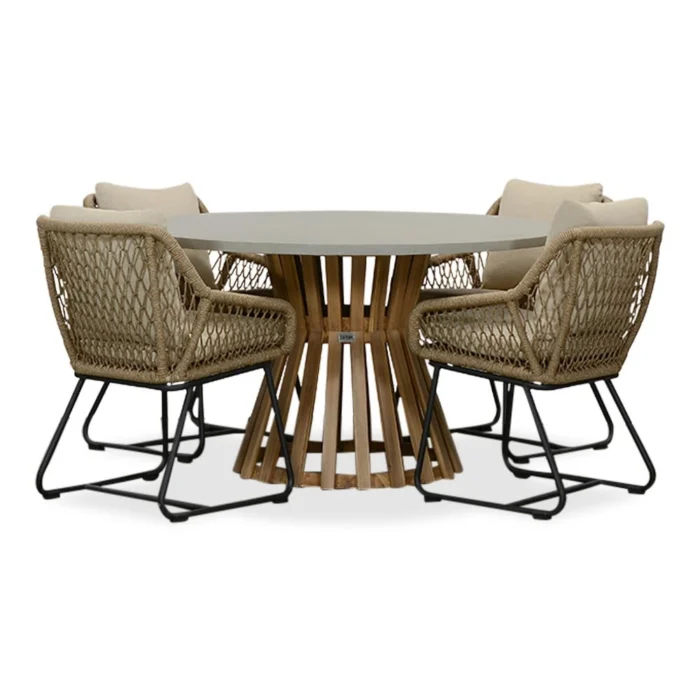 BUITEN living Elzas/Portofino Sahara Dust dining tuinset | 4 personen | betonlook + touw | 135cm rond - Zand