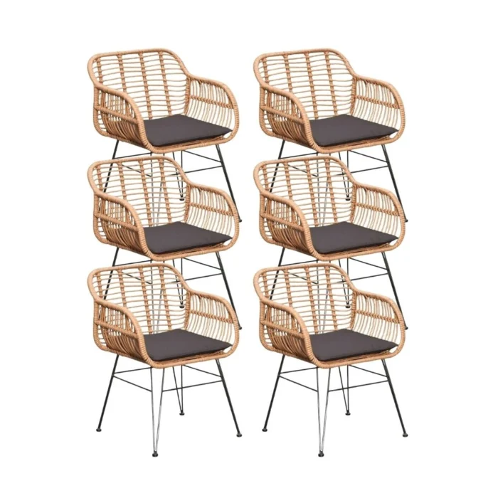 BUITEN living Lola dining tuinstoel set van 6 | wicker + staal | Bamboo antraciet