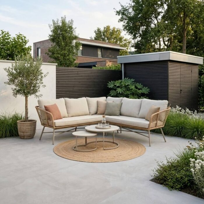 BUITEN living Flow hoek loungeset 5 personen incl. tafels | wicker + aluminium | Bamboo beige | 2-delig