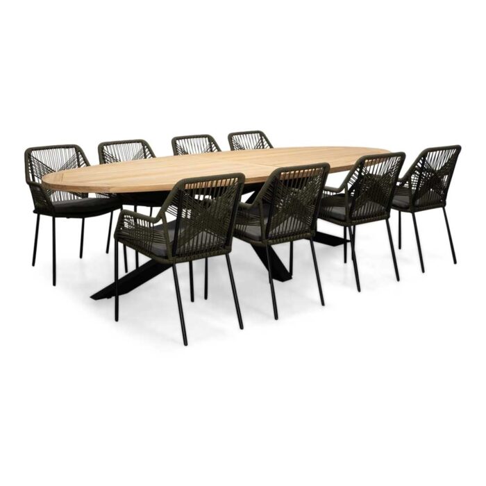 LUX outdoor living Cleve/Seville olijfgroen dining tuinset | 8 personen | teakhout + touw | 280cm ovaal – Grijs