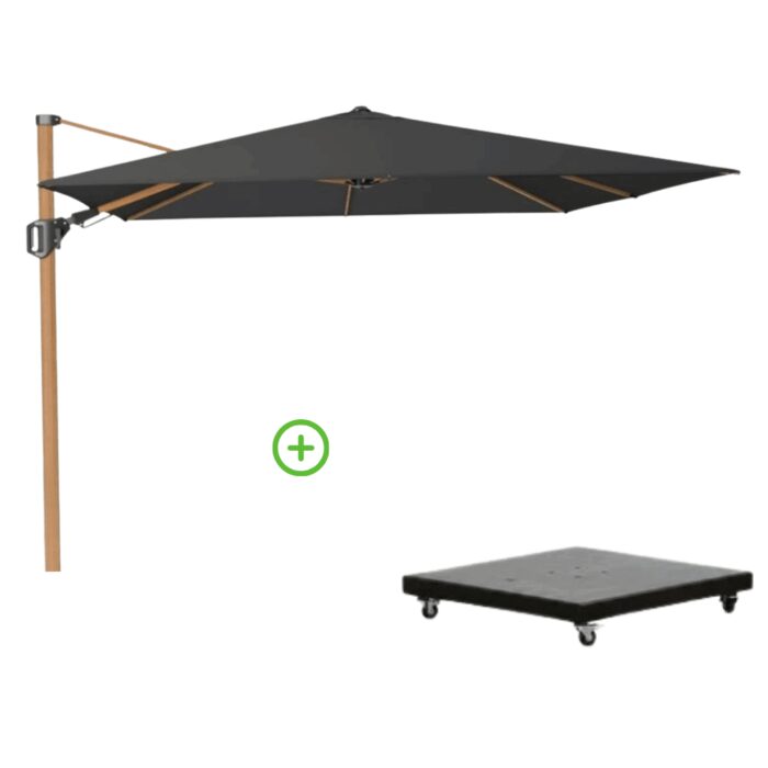 Platinum Challenger T² zweefparasol premium doek | 300x300cm met Monza parasolvoet 90kg | Faded Black/Teak look – Zwart, Natural Teak