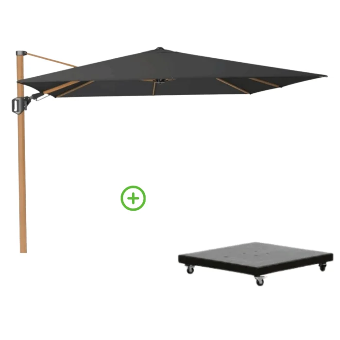 Platinum Challenger T² zweefparasol premium doek | 300x300cm met Monza parasolvoet 90kg | Faded Black/Teak look - Zwart, Natural Teak