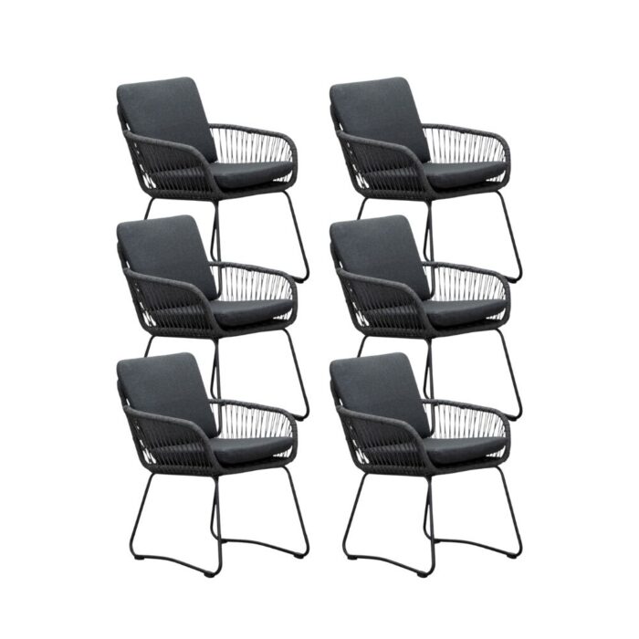 BUITEN living Harper dining tuinstoel set van 6 | touw + rvs | Lava Grey – Antraciet