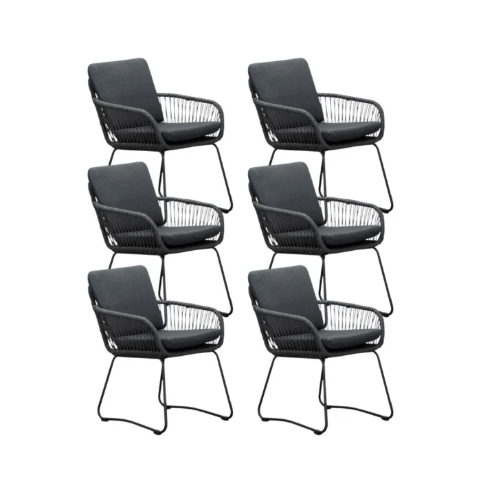 BUITEN living Harper dining tuinstoel set van 6 | touw + rvs | Lava Grey - Antraciet