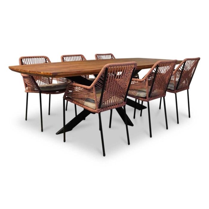 LUX outdoor living Salo/Seville terra dining tuinset | 6 personen | hardhout + touw | 240cm – Zwart, Rood