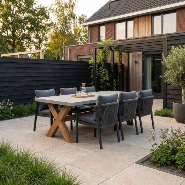 BUITEN living Norwich/Calgary antraciet dining tuinset | 6 personen | betonlook + touw | 250cm – Taupe – Naturel – Bruin, Betonlook, Antraciet