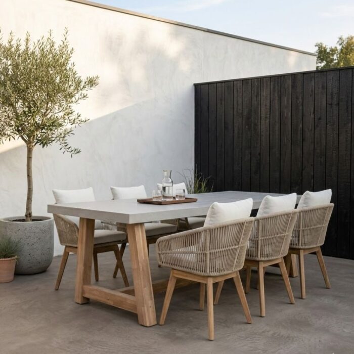 BUITEN living Veltis/Bella zand dining tuinset | 6 personen | polystone + touw | 250cm