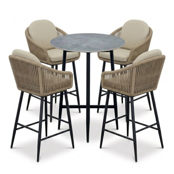 LUX outdoor living Santos Marble Grey/Mara Sahara Dust dining barset | 4 personen | sintered stone + touw | 90cm