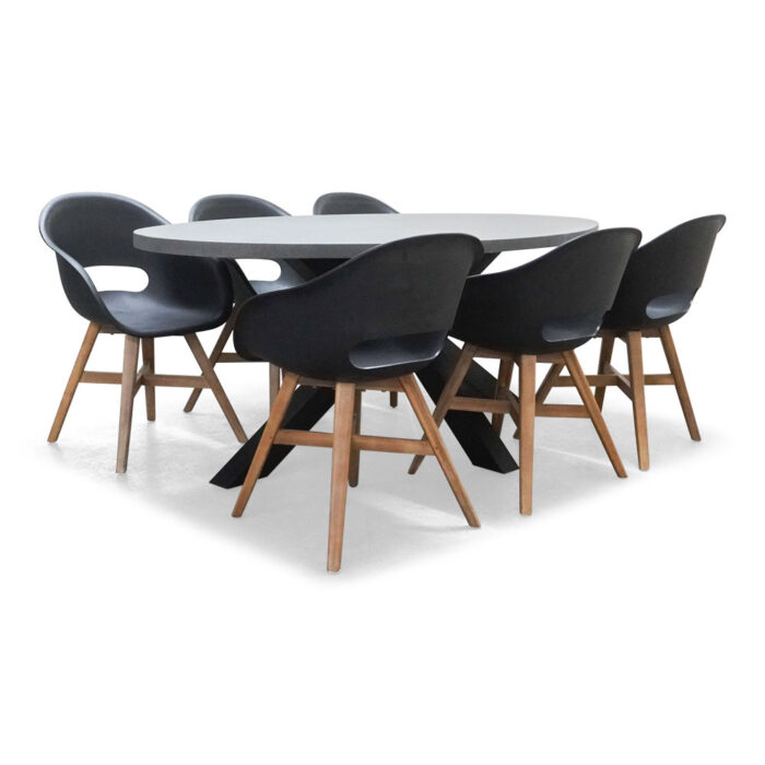 BUITEN living Stockholm/Karlstad zwart dining tuinset | 6 personen | betonlook + kunststof | 200cm – Zwart, Grijs