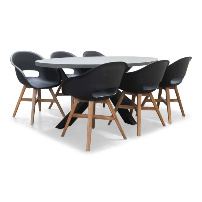 BUITEN living Stockholm/Karlstad zwart dining tuinset | 6 personen | betonlook + kunststof | 200cm - Zwart, Grijs