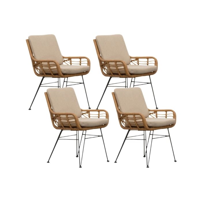 BUITEN living Carlos dining tuinstoel set van 4 | wicker + RVS | Bamboo taupe