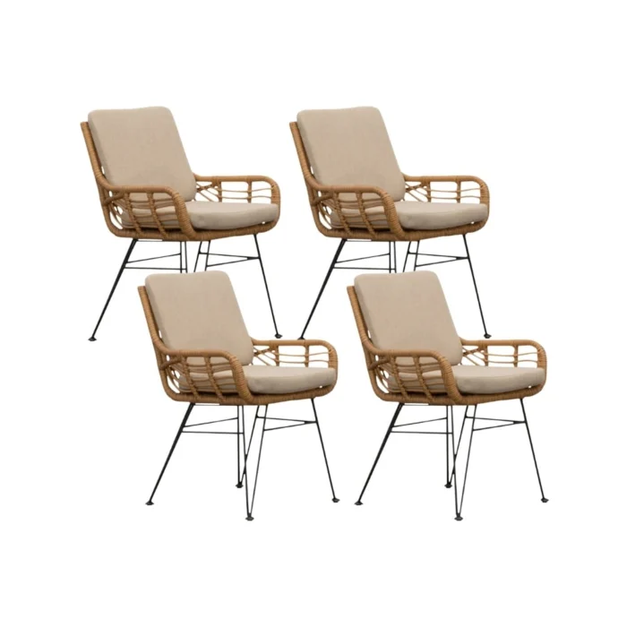 BUITEN living Carlos dining tuinstoel set van 4 | wicker + RVS | Bamboo taupe