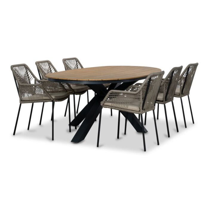 Lesli Living Arezzo/Seville zand dining tuinset | 6 personen | polywood + touw | 240cm ovaal – Taupe – Naturel – Bruin, Zwart