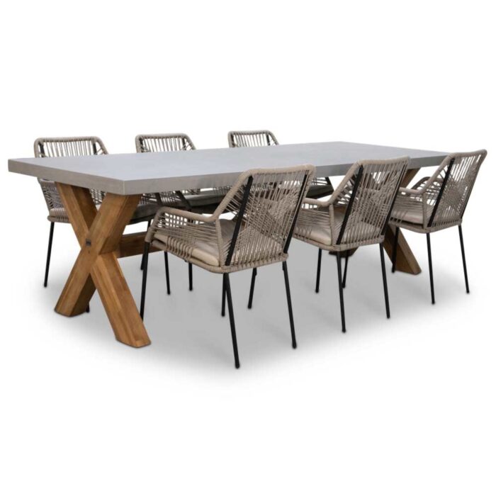 BUITEN living Norwich/Seville zand dining tuinset | 6 personen | betonlook + touw | 250cm – Taupe – Naturel – Bruin, Betonlook