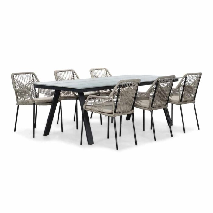LUX outdoor living Oslo Grey/Seville zand dining tuinset | 6 personen | polywood + touw | 220cm – Zwart, Grijs