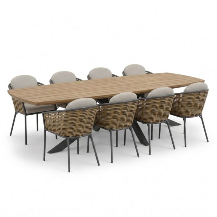 LUX outdoor living Salo/Lucca dining tuinset | 8 personen | hardhout + wicker | 280cm Deens – Zand