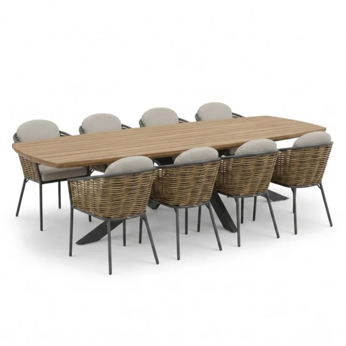 LUX outdoor living Salo/Lucca dining tuinset | 8 personen | hardhout + wicker | 280cm Deens - Zand