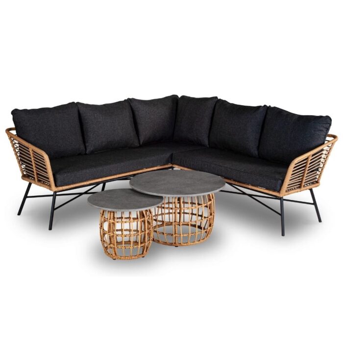 BUITEN living Flow hoek loungeset 5 personen | wicker + aluminium | Bamboo antraciet | 4-delig 210x210cm – Taupe – Naturel – Bruin
