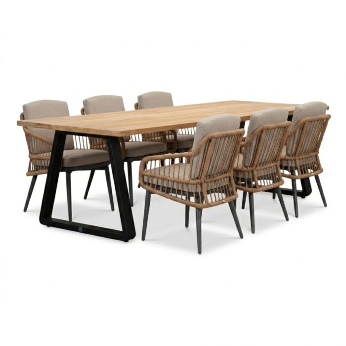 LUX outdoor living Elena/Alicante zand dining tuinset | 6 personen | teakhout + wicker | 240cm – Natural Teak