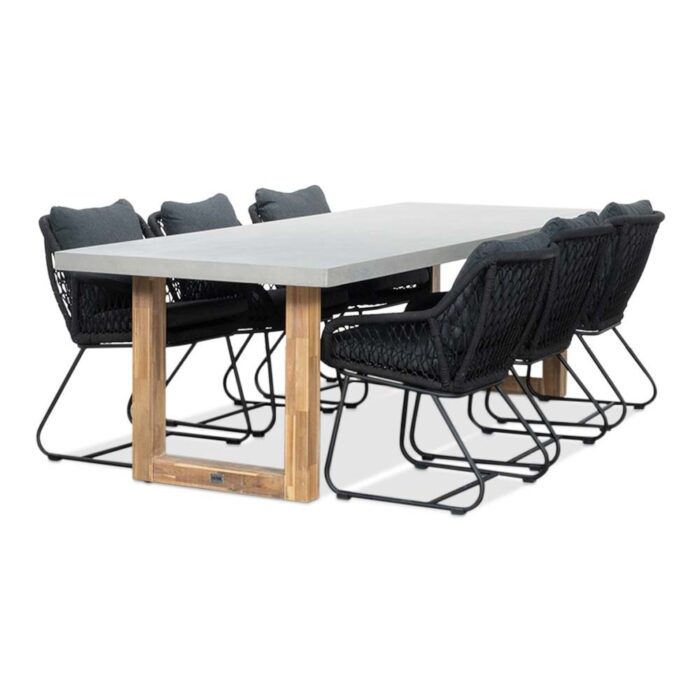 BUITEN living Lausanne/Portofino zwart dining tuinset | 6 personen | betonlook + touw | 250cm – Light Teak, Betonlook, Zwart