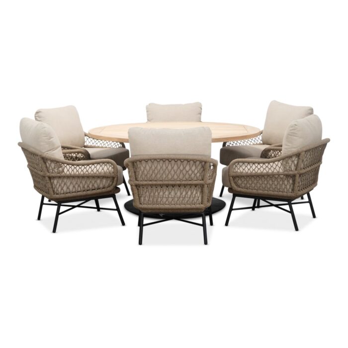 LUX outdoor living Ventura low dining tuinset | 6 personen | teakhout + touw | 150cm rond – Taupe – Naturel – Bruin