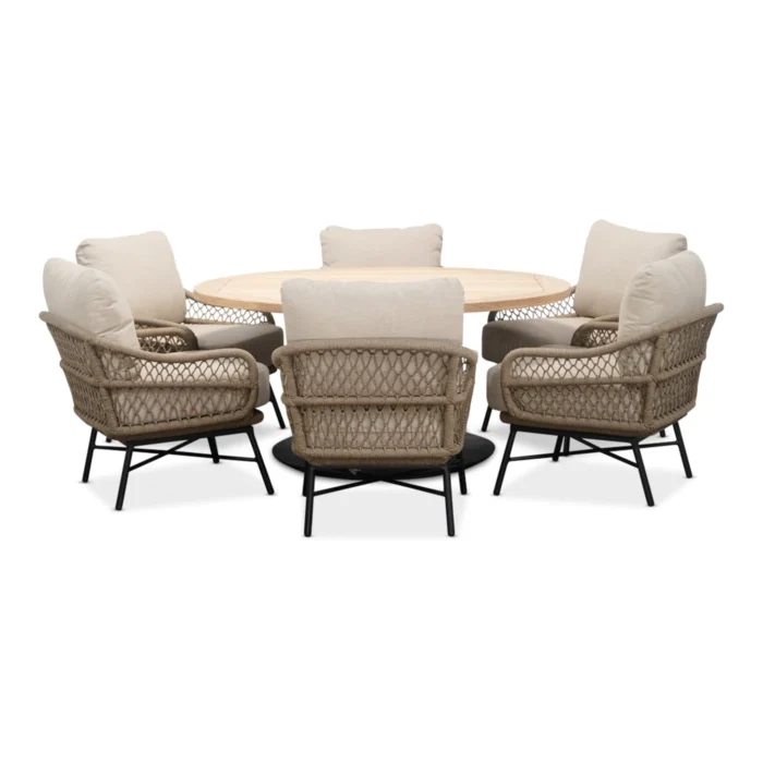 LUX outdoor living Ventura low dining tuinset | 6 personen | teakhout + touw | 150cm rond - Taupe - Naturel - Bruin