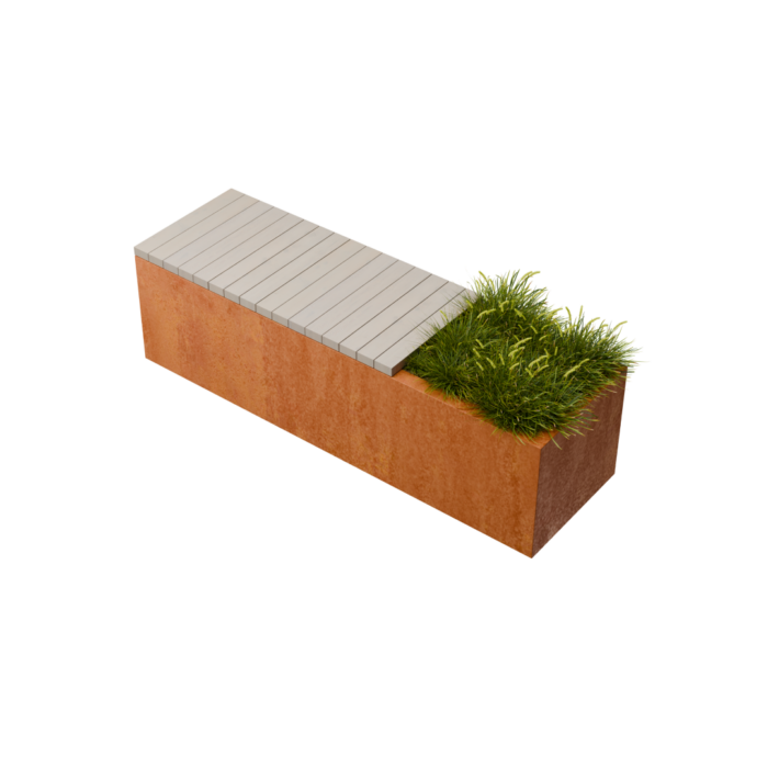 Geroba Florisa Rechthoekige cortenstaal plantenbak met Padouk zitbank L150 x B40 x H42 cm II – bruin