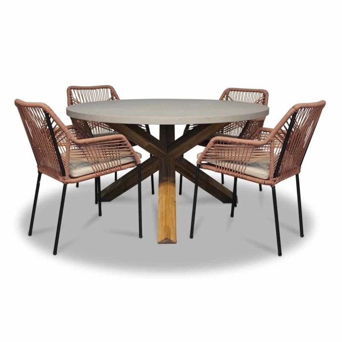 BUITEN living Nancy/Seville terra dining tuinset | 4 personen | betonlook + touw | 135cm – Light Teak, Betonlook
