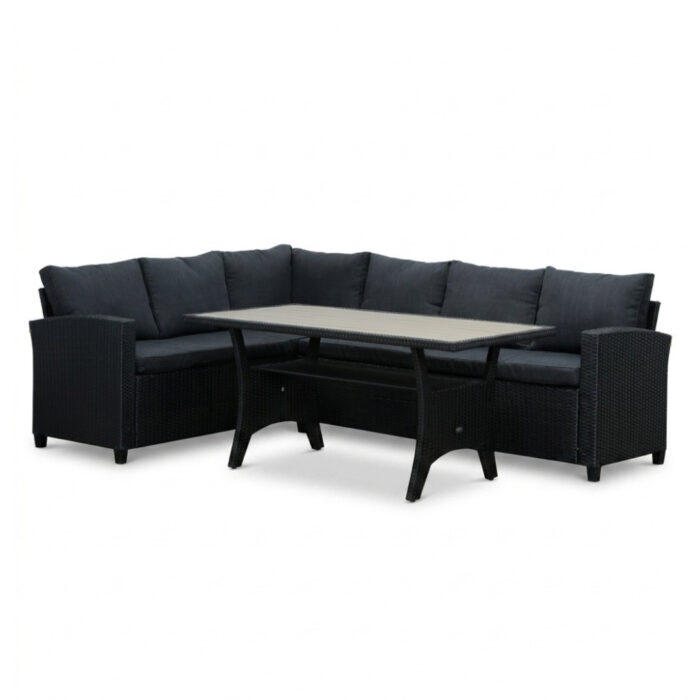 Denza Furniture Stockholm dining loungeset 6 personen | wicker + polywood | zwart/Natural Wood | 3-delig 245x169cm