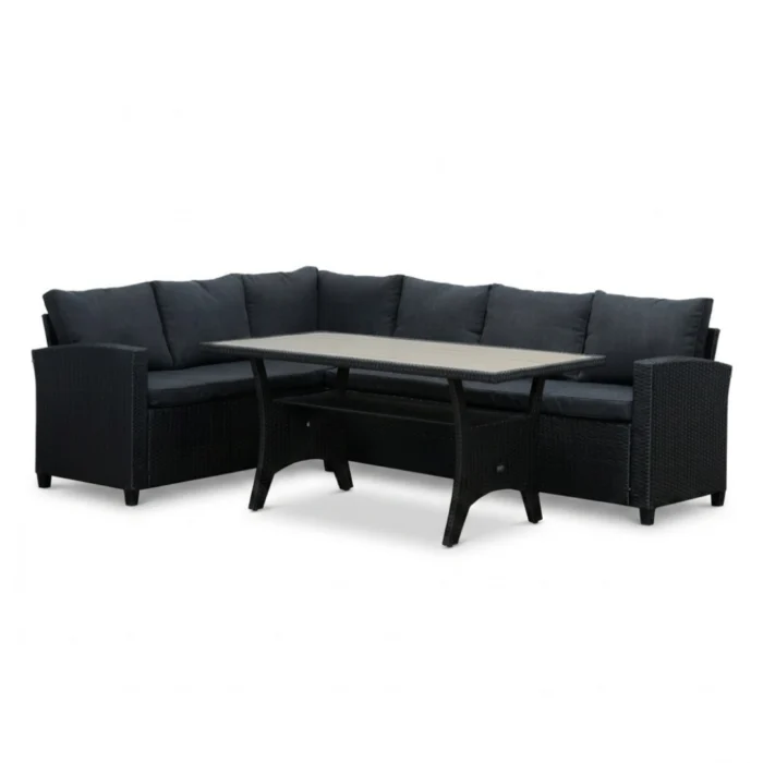 Denza Furniture Stockholm dining loungeset 6 personen | wicker + polywood | zwart/Natural Wood | 3-delig 245x169cm
