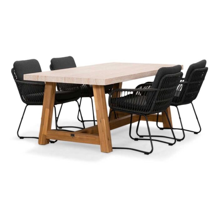 BUITEN living Velora/Harper Lava Grey dining tuinset | 4 personen | travertin + touw | 200cm – Grijs