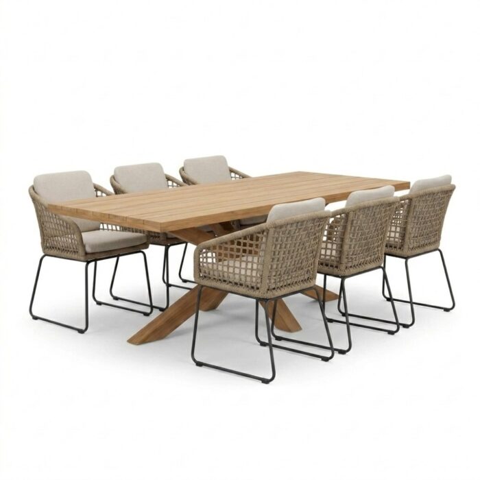 BUITEN living Napoli/Tulum Sahara Dust dining tuinset | 6 personen | teakhout + touw | 250cm – Natural Teak