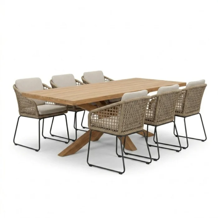 BUITEN living Napoli/Tulum Sahara Dust dining tuinset | 6 personen | teakhout + touw | 250cm - Natural Teak