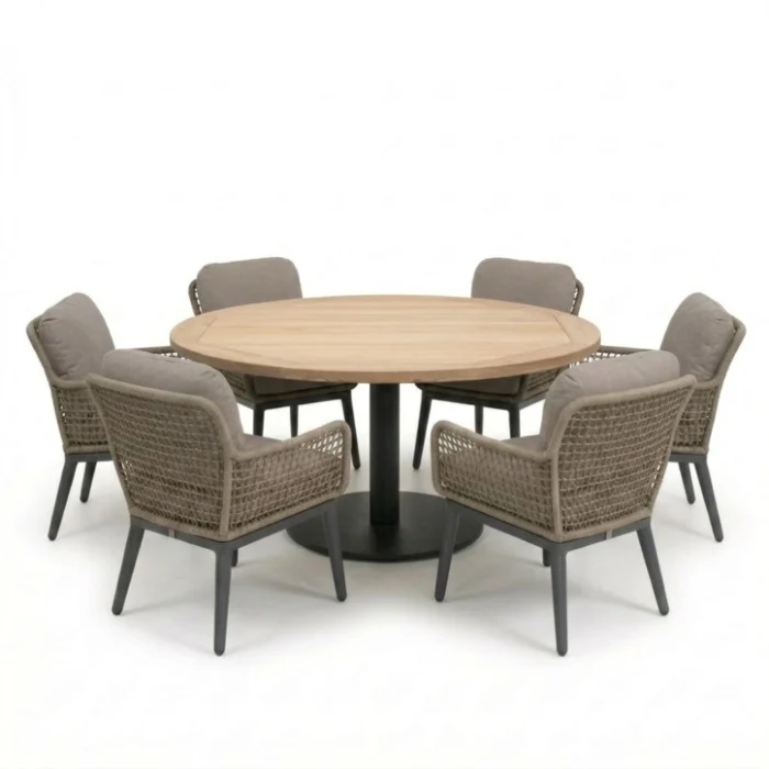 LUX outdoor living Ventura antraciet/Mila beige/antraciet low dining tuinset | 6 personen | teakhout + touw | 150cm