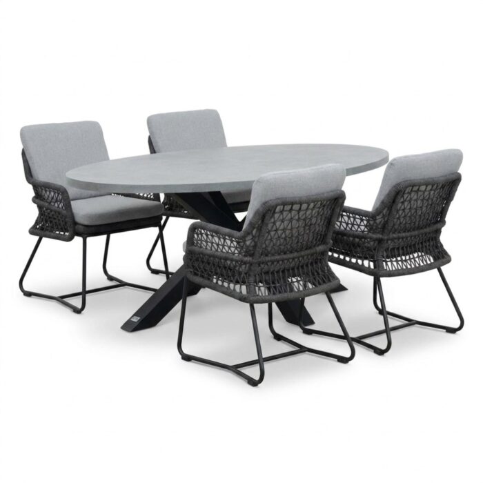 BUITEN living Stockholm/Gianna Stone Grey dining tuinset | 4 personen | polystone + touw | 200cm – Grijs