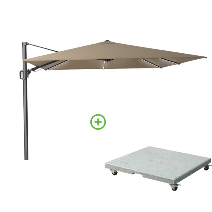 Platinum Challenger T² Glow zweefparasol | 300x300cm met Rocca parasolvoet 90kg | taupe – Taupe – Naturel – Bruin