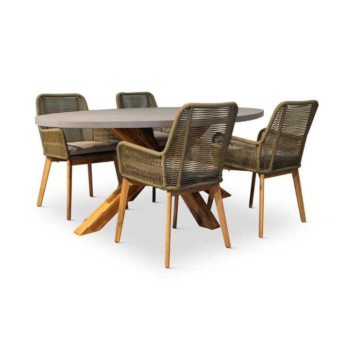 BUITEN living Livorno/Padua dining tuinset | 4 personen | betonlook + hardhout | 200cm ovaal – Olijfgroen, Betonlook